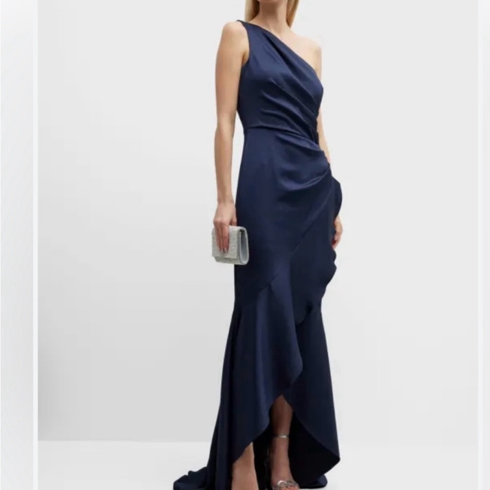 Teri Jon Navy One-Shoulder Wedding Dress